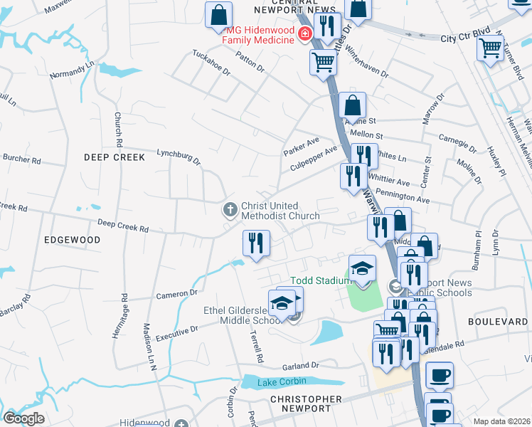 map of restaurants, bars, coffee shops, grocery stores, and more near 142 Kenilworth Drive in Newport News