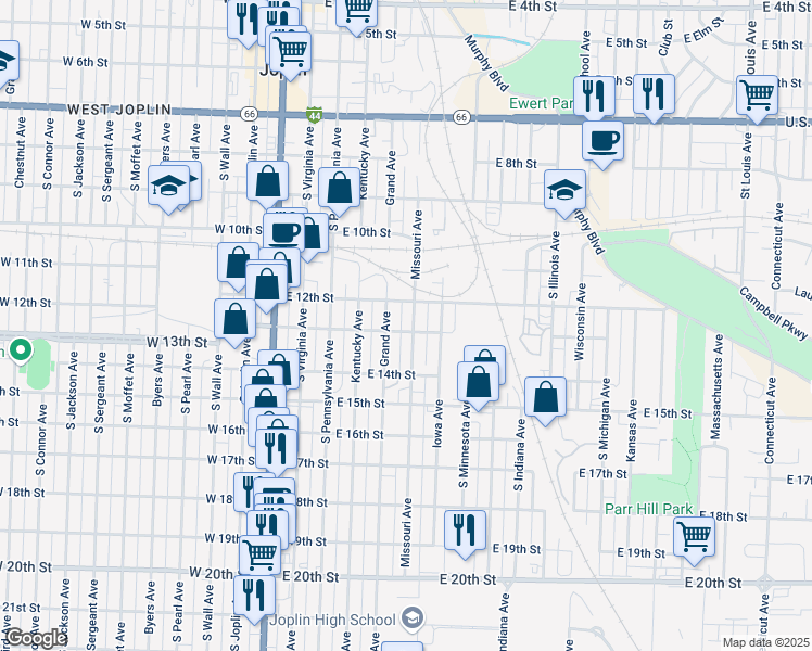 map of restaurants, bars, coffee shops, grocery stores, and more near 1305 Grand Avenue in Joplin