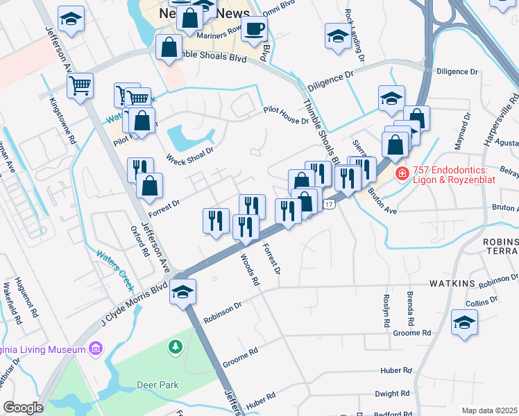 map of restaurants, bars, coffee shops, grocery stores, and more near 46 Tree Drive in Newport News