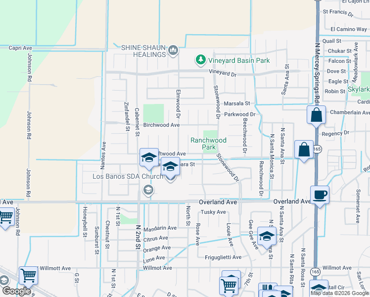 map of restaurants, bars, coffee shops, grocery stores, and more near 675 Driftwood Avenue in Los Banos