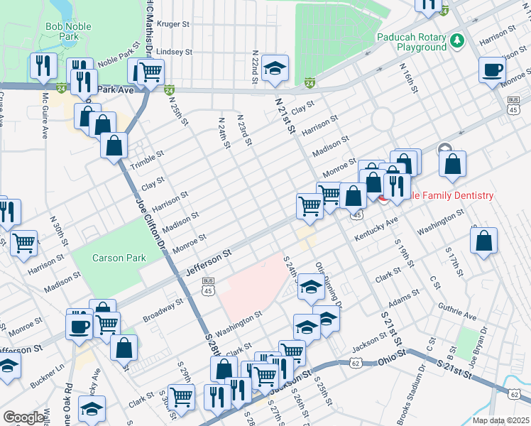 map of restaurants, bars, coffee shops, grocery stores, and more near 2339 Jefferson Street in Paducah