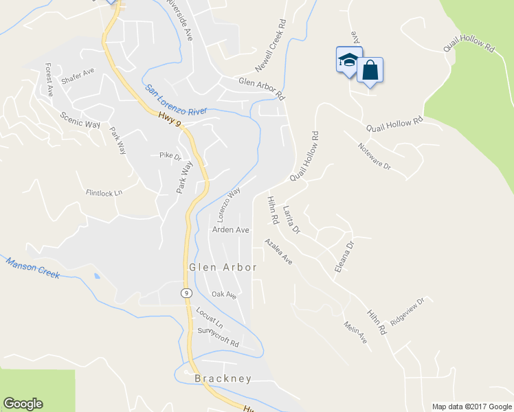 map of restaurants, bars, coffee shops, grocery stores, and more near 8525 Glen Arbor Road in Ben Lomond