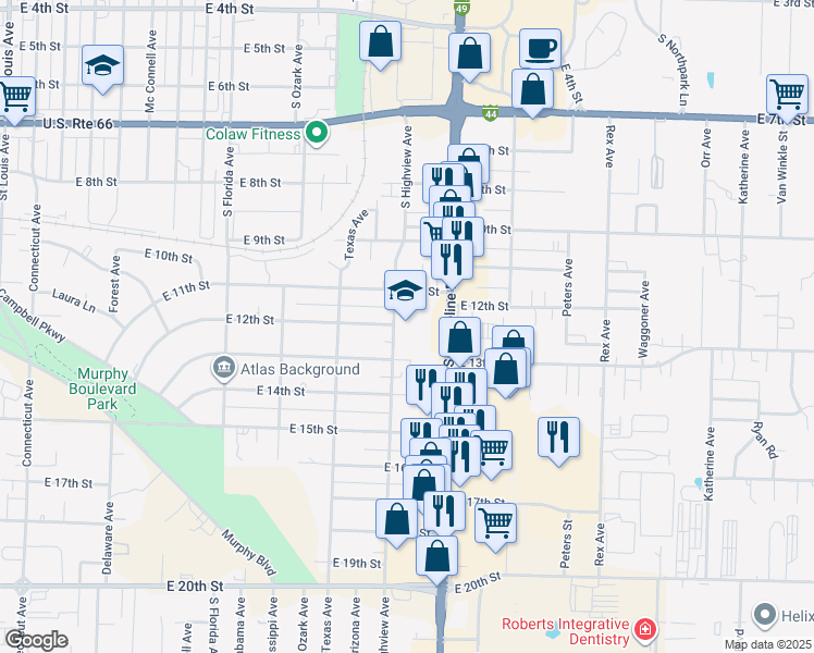 map of restaurants, bars, coffee shops, grocery stores, and more near 1131 South Highview Avenue in Joplin