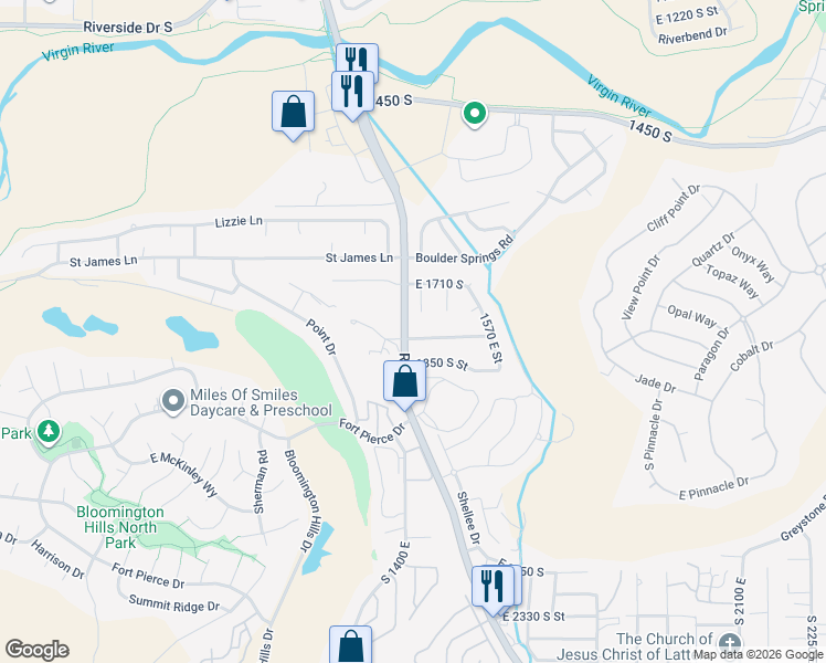 map of restaurants, bars, coffee shops, grocery stores, and more near 1419 East 1800 South in St. George