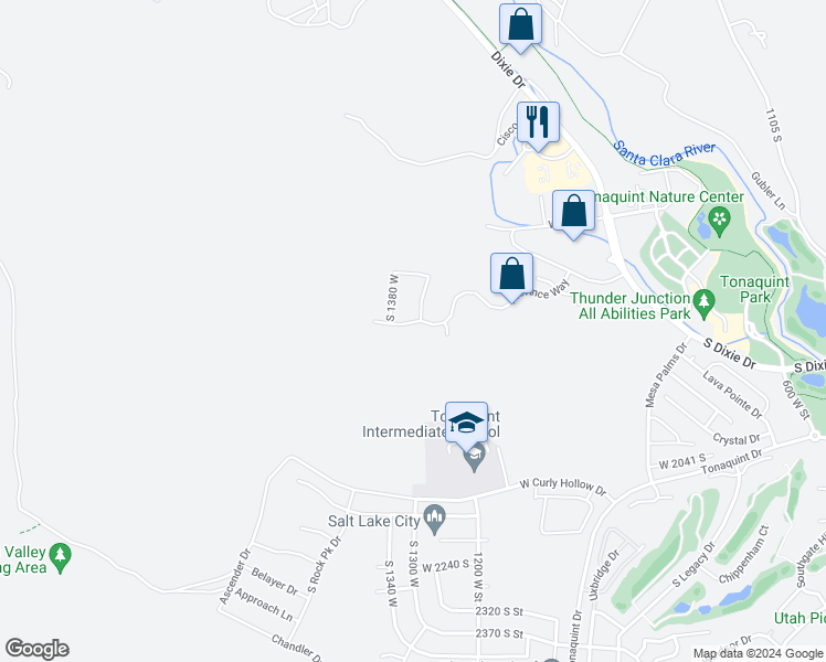 map of restaurants, bars, coffee shops, grocery stores, and more near 1327 Province Way in St. George