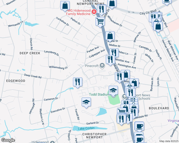 map of restaurants, bars, coffee shops, grocery stores, and more near 124 Sloane Place in Newport News
