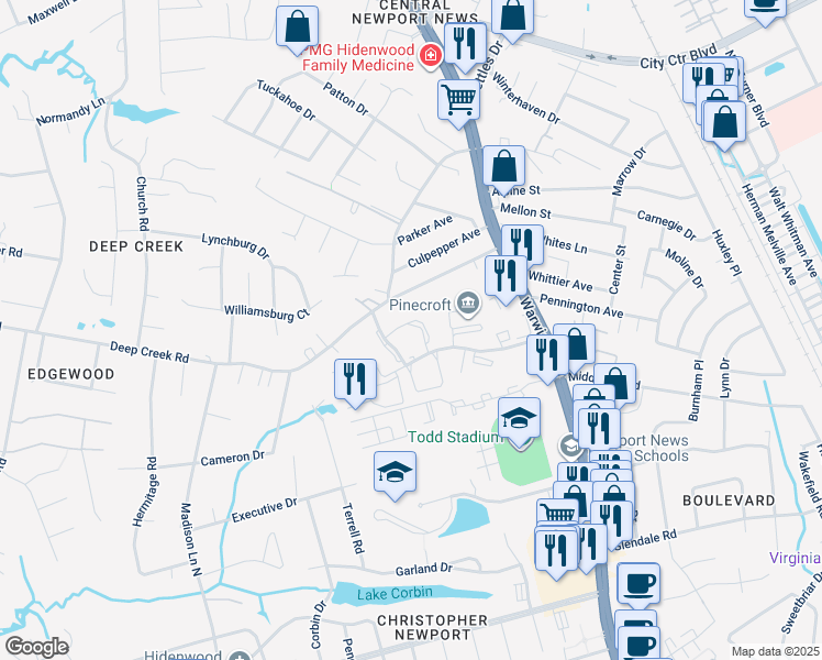map of restaurants, bars, coffee shops, grocery stores, and more near 124 Sloane Place in Newport News