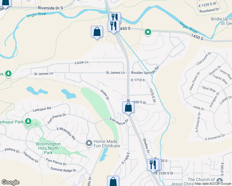 map of restaurants, bars, coffee shops, grocery stores, and more near 1845 Point Drive in St. George
