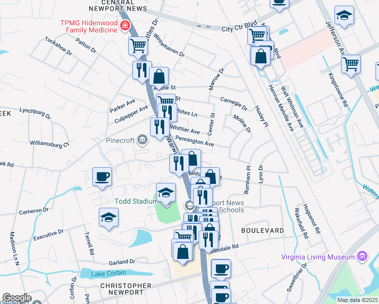 map of restaurants, bars, coffee shops, grocery stores, and more near 12512 Warwick Boulevard in Newport News