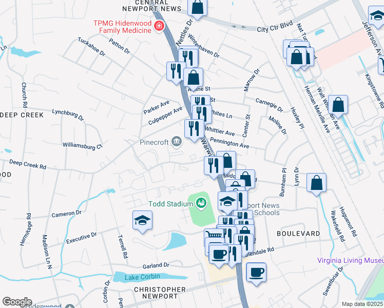 map of restaurants, bars, coffee shops, grocery stores, and more near 12511 Warwick Boulevard in Newport News