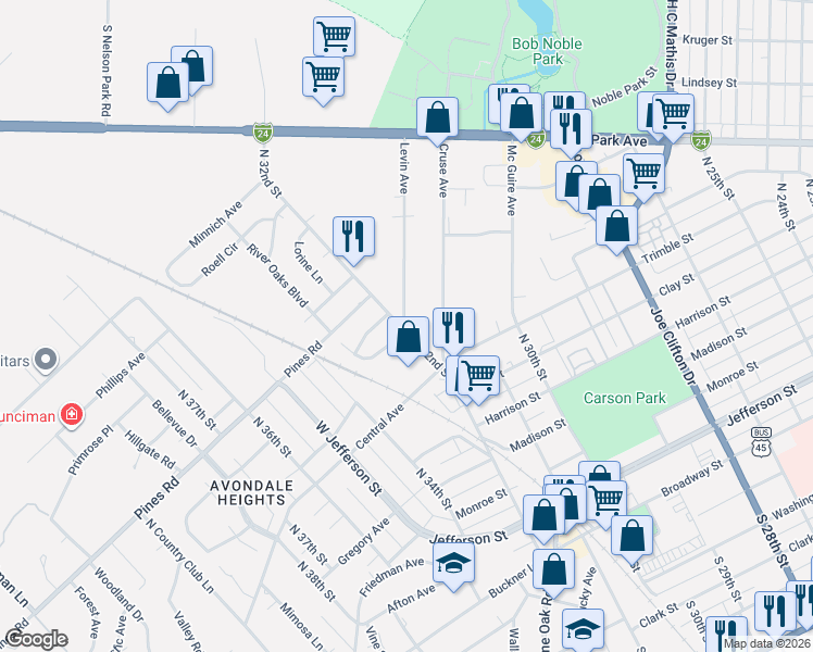 map of restaurants, bars, coffee shops, grocery stores, and more near 3202 River Oaks Boulevard in Paducah