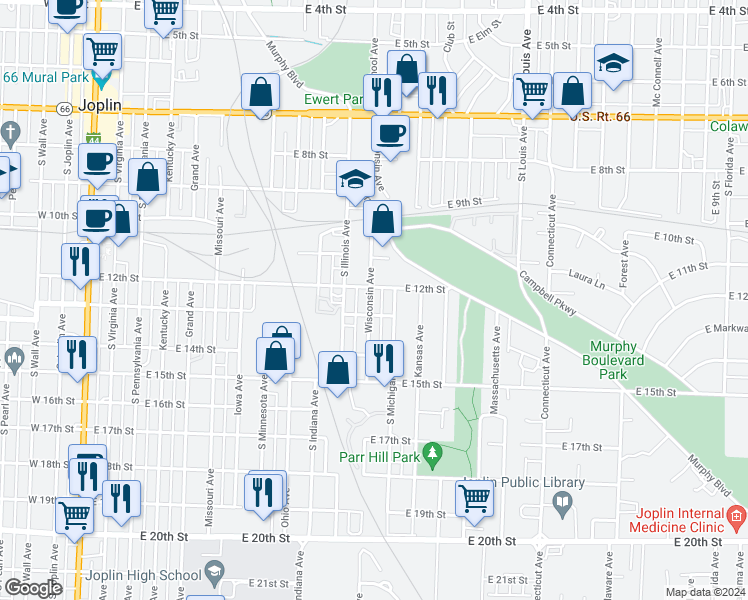 map of restaurants, bars, coffee shops, grocery stores, and more near 1205 Wisconsin Avenue in Joplin