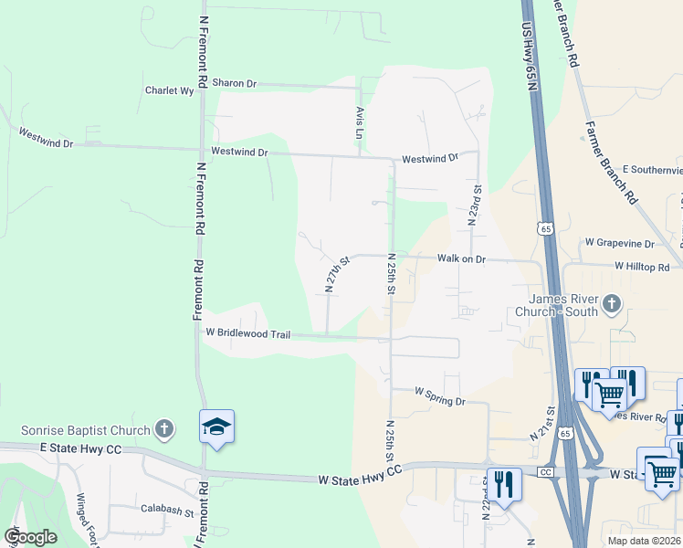 map of restaurants, bars, coffee shops, grocery stores, and more near 6110 North 27th Street in Ozark