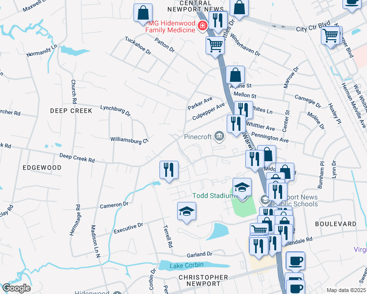 map of restaurants, bars, coffee shops, grocery stores, and more near 103 Sloane Place in Newport News