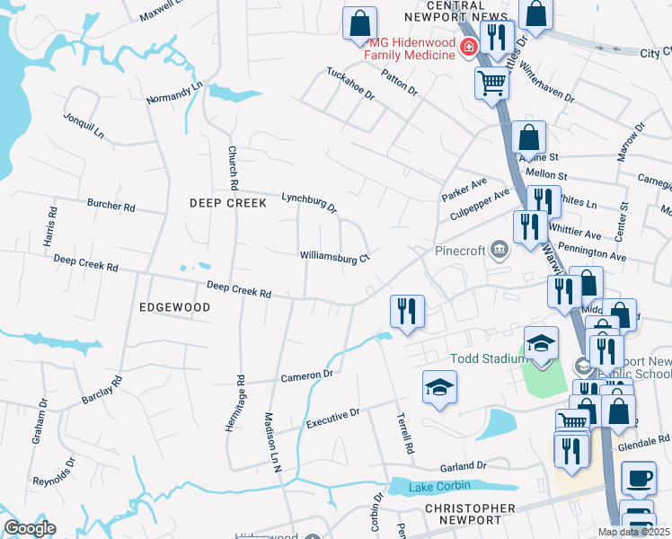 map of restaurants, bars, coffee shops, grocery stores, and more near 362 Lynchburg Drive in Newport News