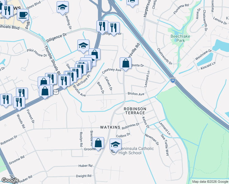 map of restaurants, bars, coffee shops, grocery stores, and more near 60 Bruton Avenue in Newport News