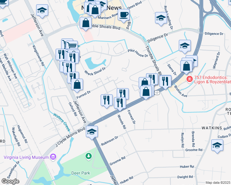 map of restaurants, bars, coffee shops, grocery stores, and more near 820 Woods Road in Newport News