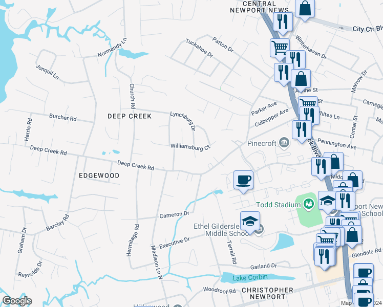 map of restaurants, bars, coffee shops, grocery stores, and more near 362 Lynchburg Drive in Newport News