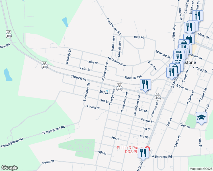 map of restaurants, bars, coffee shops, grocery stores, and more near 611 Church Street in Blackstone
