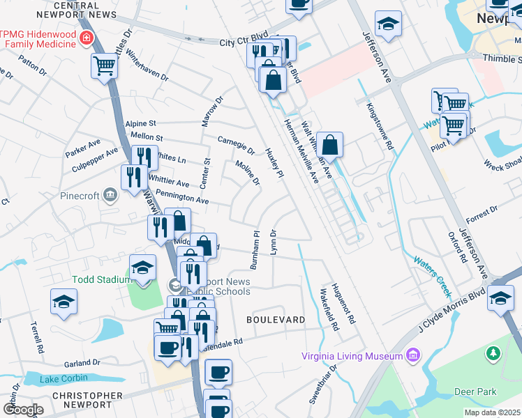 map of restaurants, bars, coffee shops, grocery stores, and more near 117 Burnham Place in Newport News