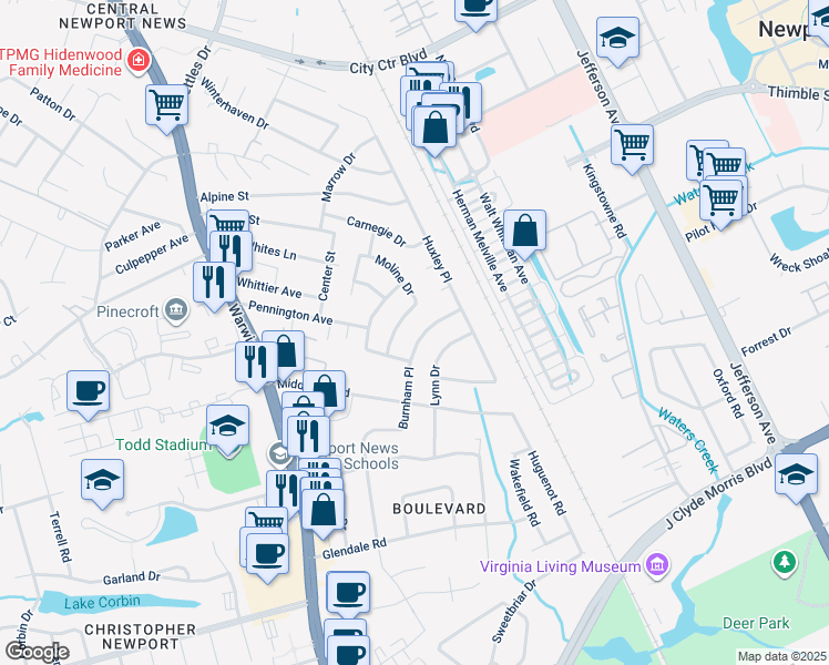 map of restaurants, bars, coffee shops, grocery stores, and more near 117 Burnham Place in Newport News