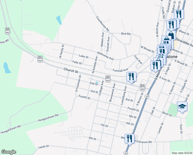 map of restaurants, bars, coffee shops, grocery stores, and more near 611 Church Street in Blackstone