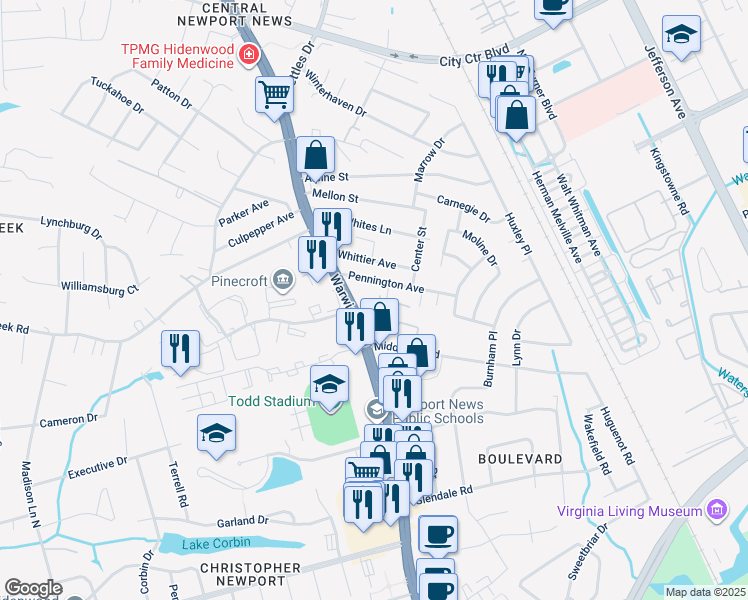 map of restaurants, bars, coffee shops, grocery stores, and more near 3 Penn Circle in Newport News