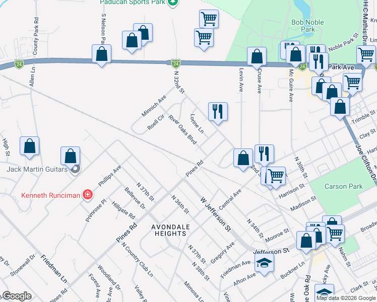 map of restaurants, bars, coffee shops, grocery stores, and more near 3427-3443 Pines Road in Paducah