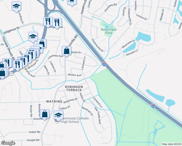 map of restaurants, bars, coffee shops, grocery stores, and more near 278 Benns Road in Newport News