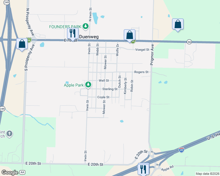 map of restaurants, bars, coffee shops, grocery stores, and more near 705-709 Patterson Street in Joplin