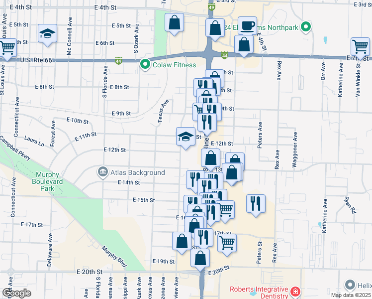map of restaurants, bars, coffee shops, grocery stores, and more near 1131 South Highview Avenue in Joplin