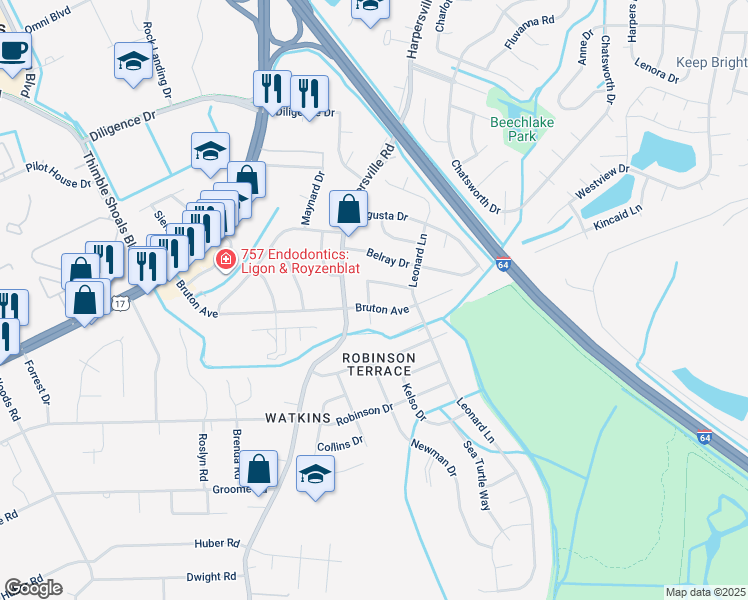 map of restaurants, bars, coffee shops, grocery stores, and more near 702 Nurney Drive in Newport News