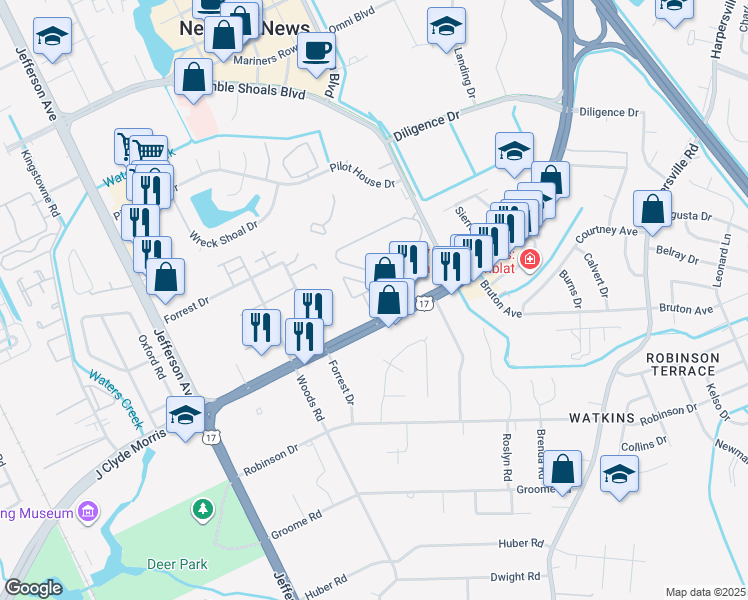 map of restaurants, bars, coffee shops, grocery stores, and more near Port Landing in Newport News