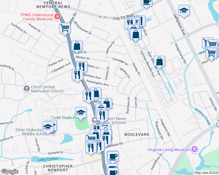map of restaurants, bars, coffee shops, grocery stores, and more near 40 Pennington Avenue in Newport News