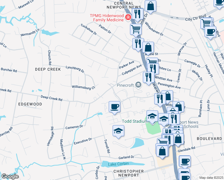 map of restaurants, bars, coffee shops, grocery stores, and more near 106 Deep Creek Road in Newport News