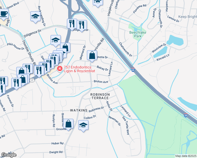 map of restaurants, bars, coffee shops, grocery stores, and more near 702 Nurney Drive in Newport News