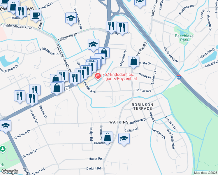 map of restaurants, bars, coffee shops, grocery stores, and more near 8 Burns Drive in Newport News