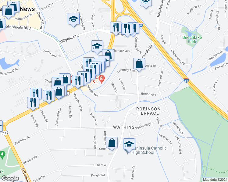 map of restaurants, bars, coffee shops, grocery stores, and more near 8 Burns Drive in Newport News