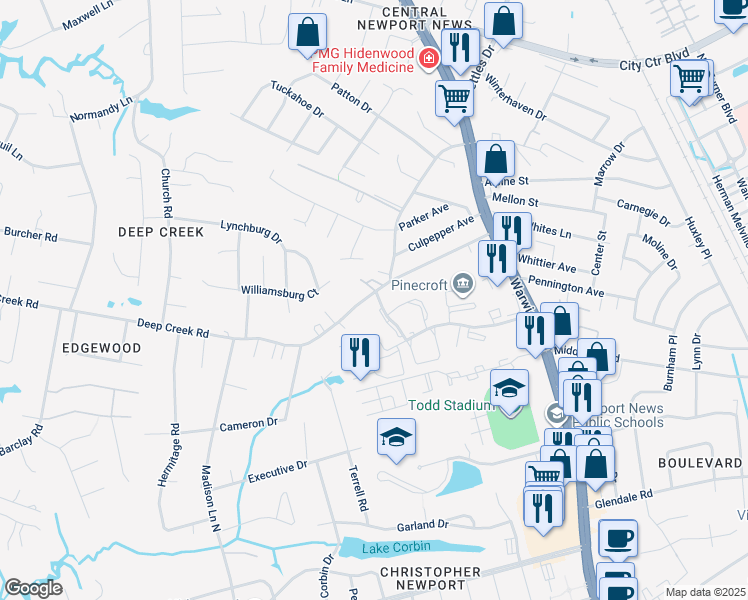 map of restaurants, bars, coffee shops, grocery stores, and more near 106 Deep Creek Road in Newport News