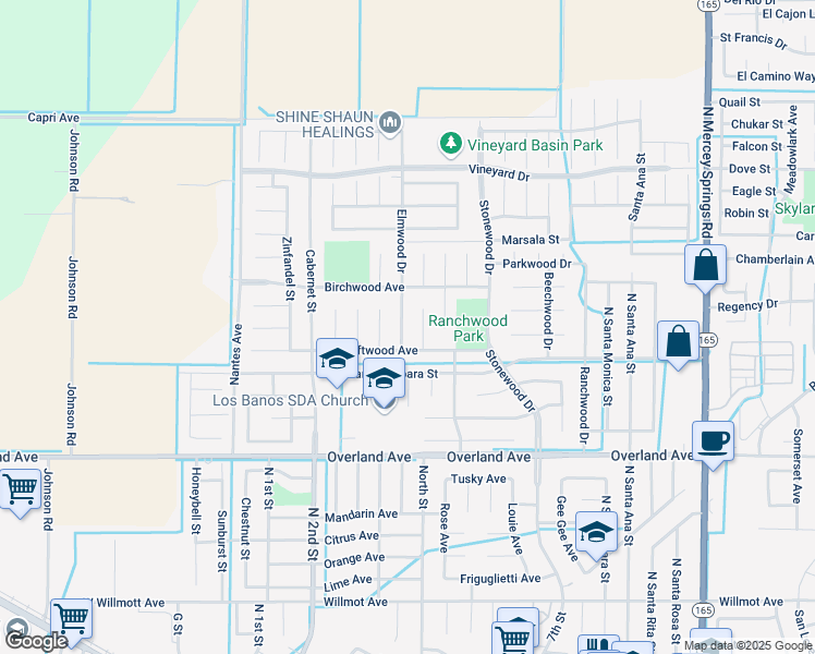 map of restaurants, bars, coffee shops, grocery stores, and more near 532 Datewood Court in Los Banos
