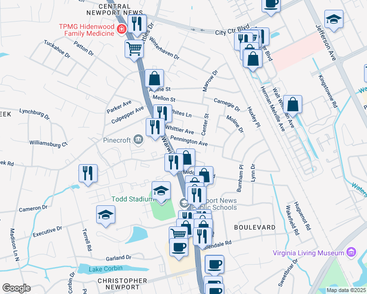 map of restaurants, bars, coffee shops, grocery stores, and more near 3 Penn Circle in Newport News