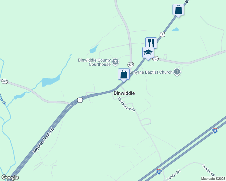 map of restaurants, bars, coffee shops, grocery stores, and more near in Dinwiddie County