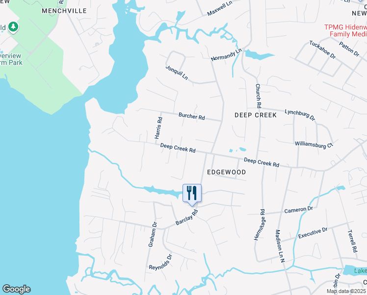 map of restaurants, bars, coffee shops, grocery stores, and more near 539 Deep Creek Road in Newport News