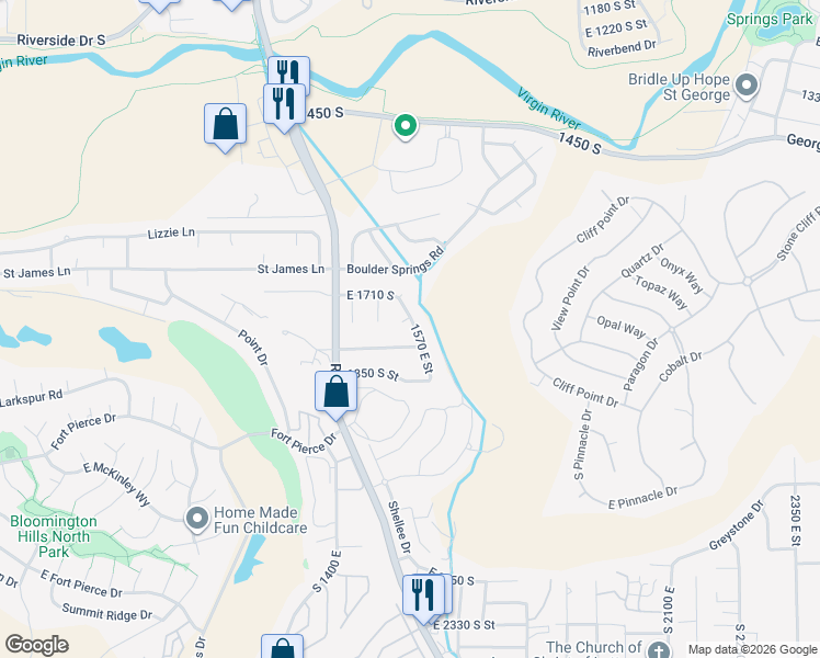 map of restaurants, bars, coffee shops, grocery stores, and more near 1766 South 1570 East in St. George