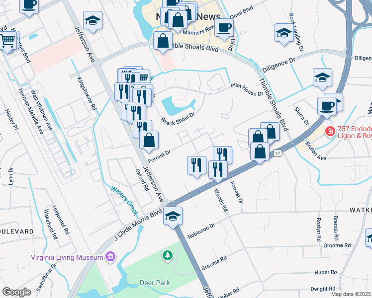 map of restaurants, bars, coffee shops, grocery stores, and more near 25 Forrest Drive in Newport News