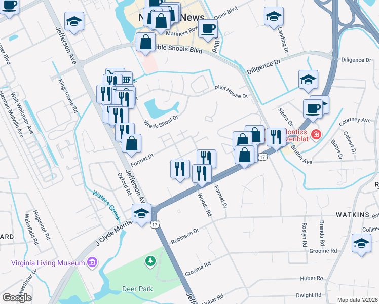 map of restaurants, bars, coffee shops, grocery stores, and more near 39 Forrest Drive in Newport News