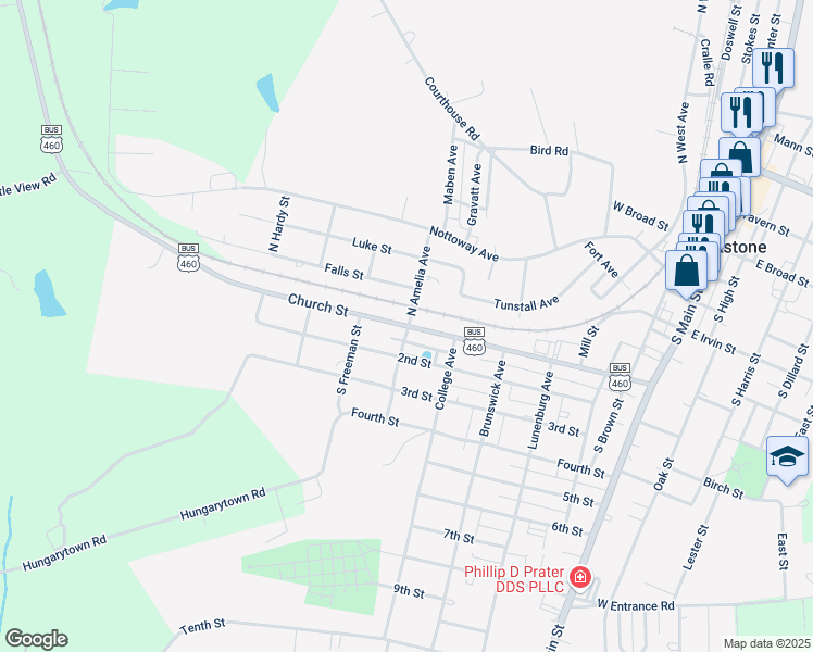 map of restaurants, bars, coffee shops, grocery stores, and more near 701 Church Street in Blackstone