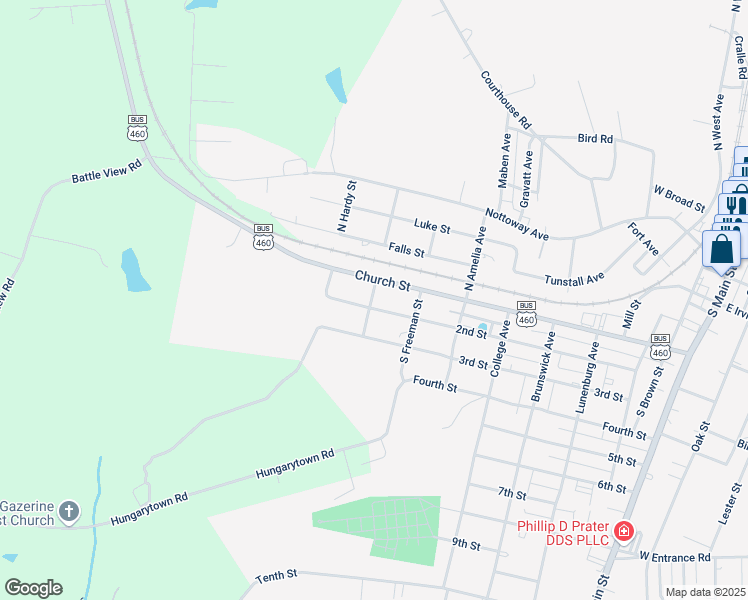 map of restaurants, bars, coffee shops, grocery stores, and more near 901 Church Street in Blackstone