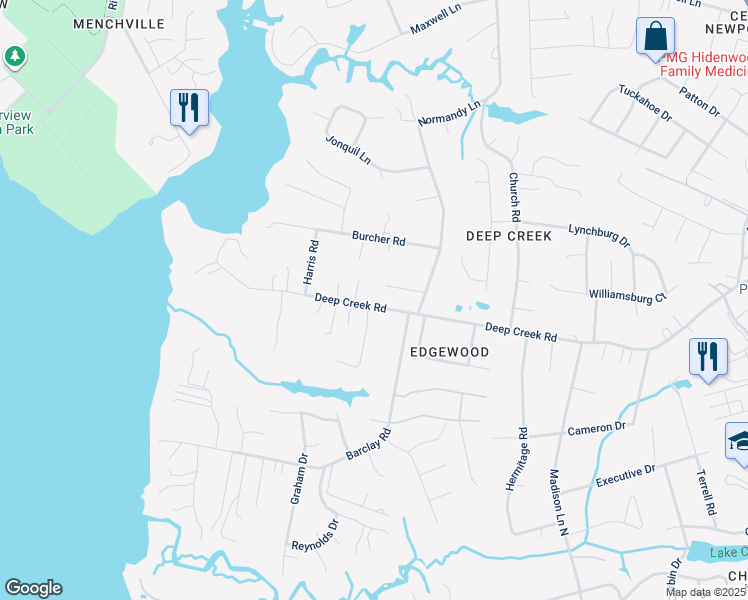map of restaurants, bars, coffee shops, grocery stores, and more near 511 Deep Creek Road in Newport News