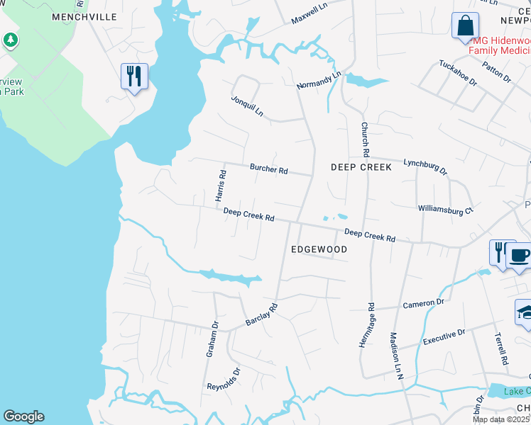 map of restaurants, bars, coffee shops, grocery stores, and more near 511 Deep Creek Road in Newport News
